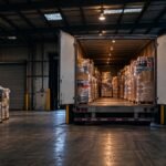 A plain dry van trailer backed to an interior dock, loaded with shrink wrapped liquidation pallets