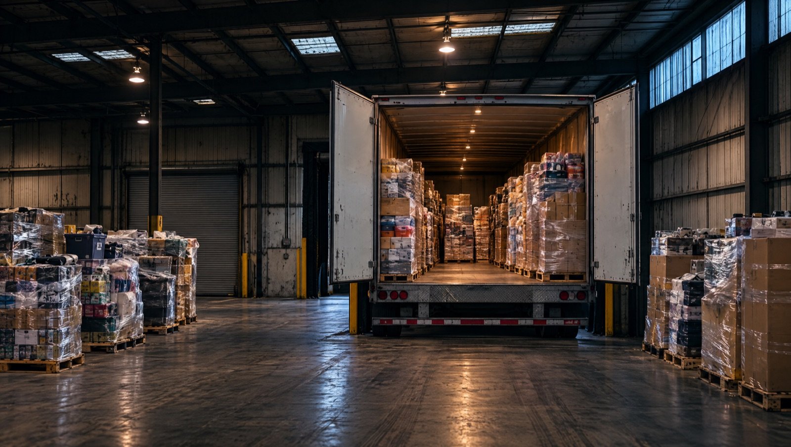 A plain dry van trailer backed to an interior dock, loaded with shrink wrapped liquidation pallets
