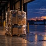 A shrink wrapped pallet at a loading dock with a hydraulic dock leveller plate