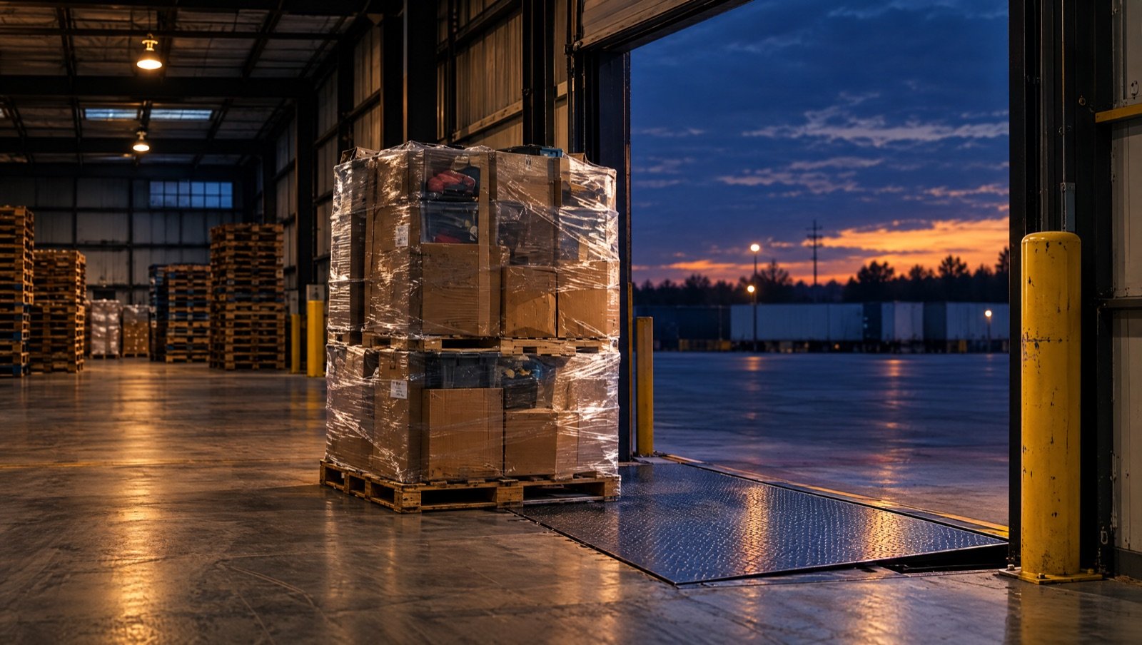 A shrink wrapped pallet at a loading dock with a hydraulic dock leveller plate