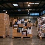 Three liquidation pallet types side by side: sealed cartons, open box retail packaging and loose mixed goods