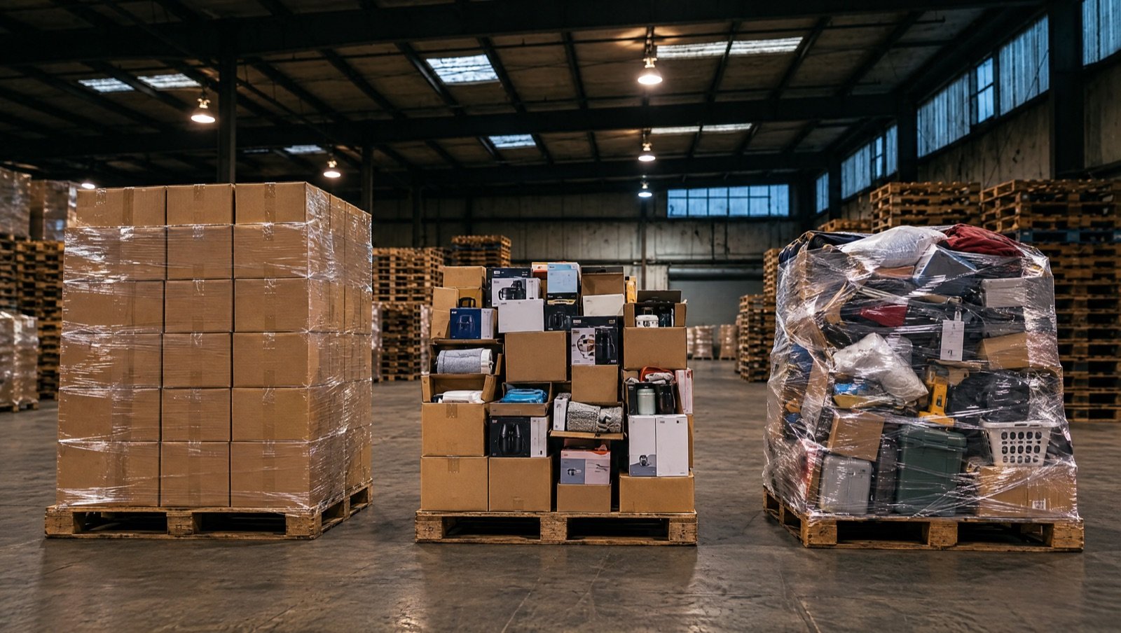 Three liquidation pallet types side by side: sealed cartons, open box retail packaging and loose mixed goods